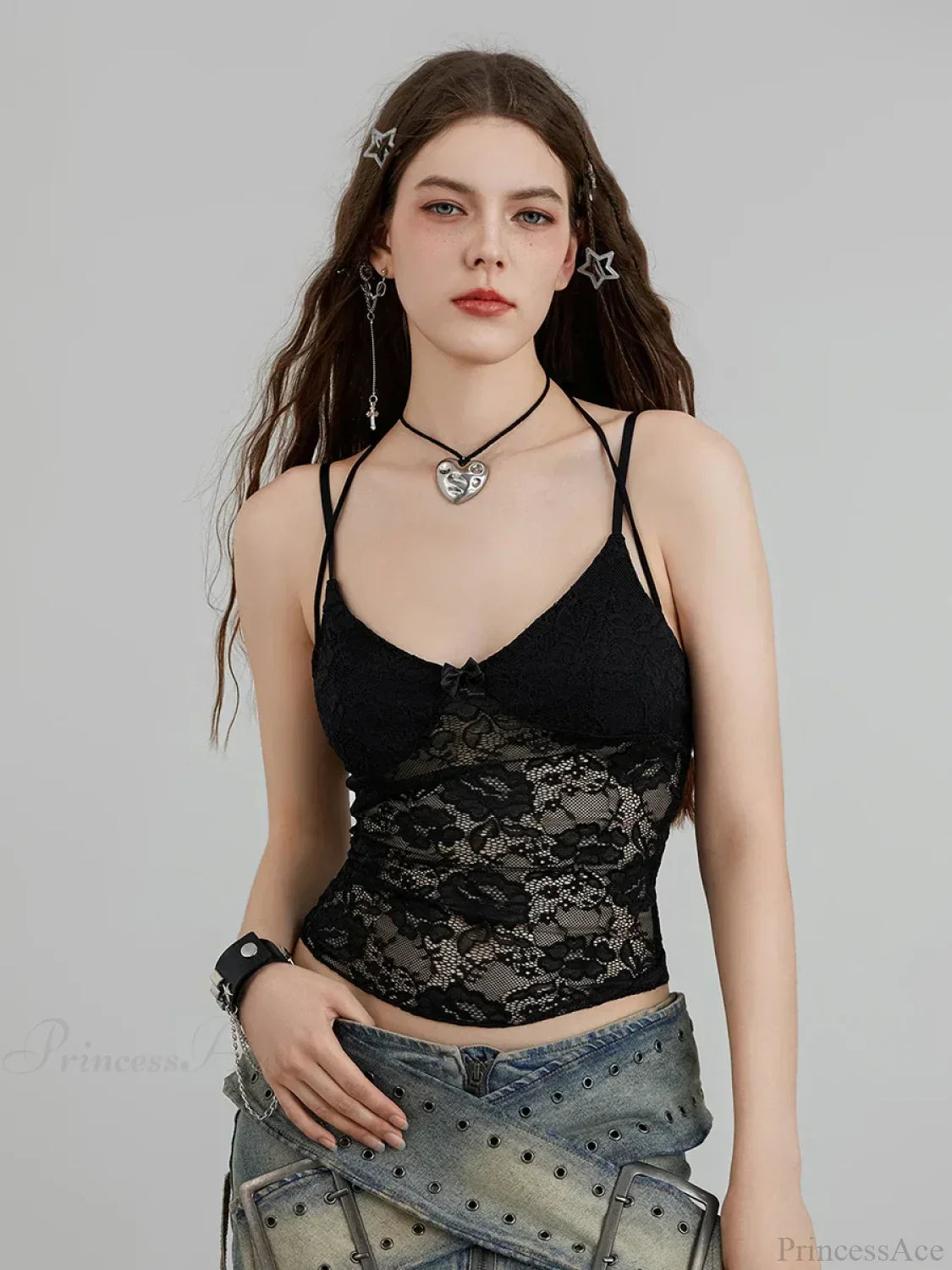 Sheer Lace Floral Halter Tie-Up Nightclub Camisole Top