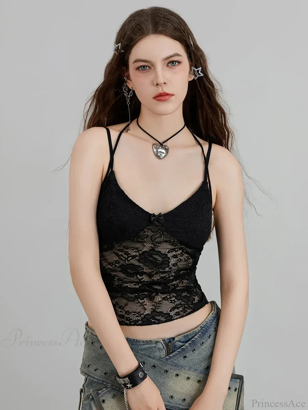 Sheer Lace Floral Halter Tie-Up Nightclub Camisole Top
