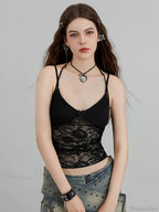 Sheer Lace Floral Halter Tie-Up Nightclub Camisole Top