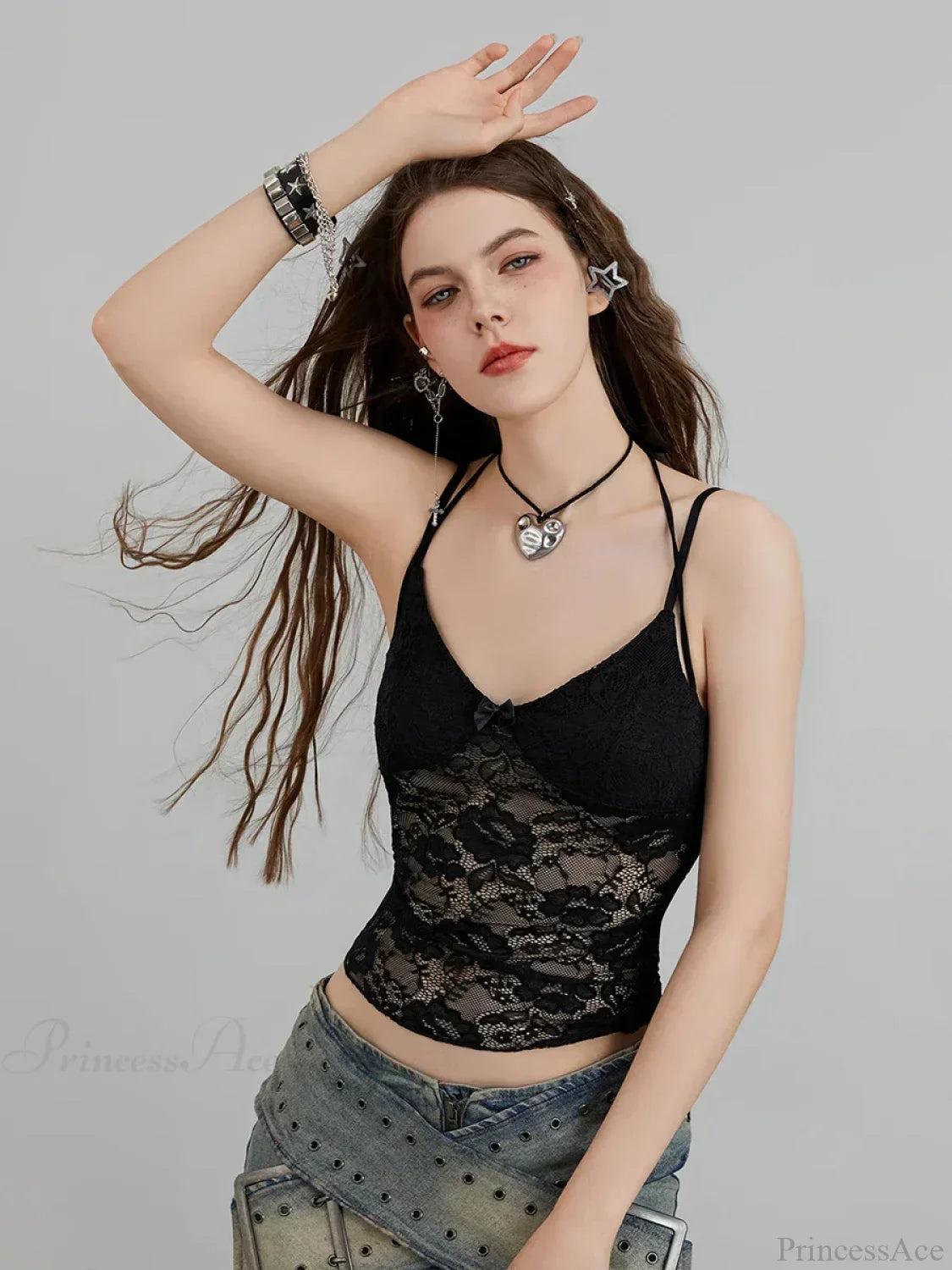 Sheer Lace Floral Halter Tie-Up Nightclub Camisole Top
