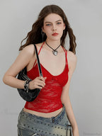 Sheer Lace Floral Halter Tie-Up Nightclub Camisole Top