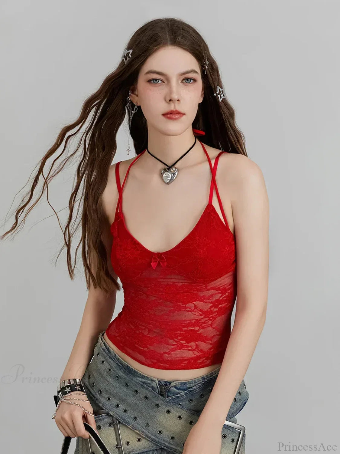 Sheer Lace Floral Halter Tie-Up Nightclub Camisole Top