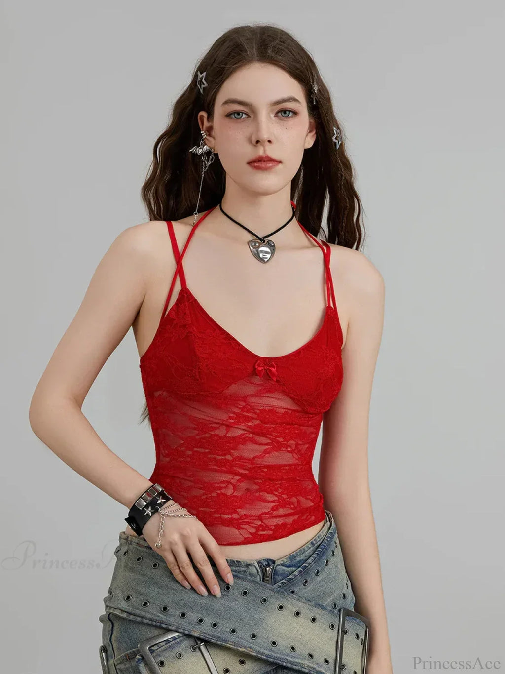 Sheer Lace Floral Halter Tie-Up Nightclub Camisole Top