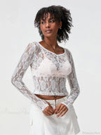 Sheer Lace Long Sleeve V-Neck Mesh Crop T-Shirt