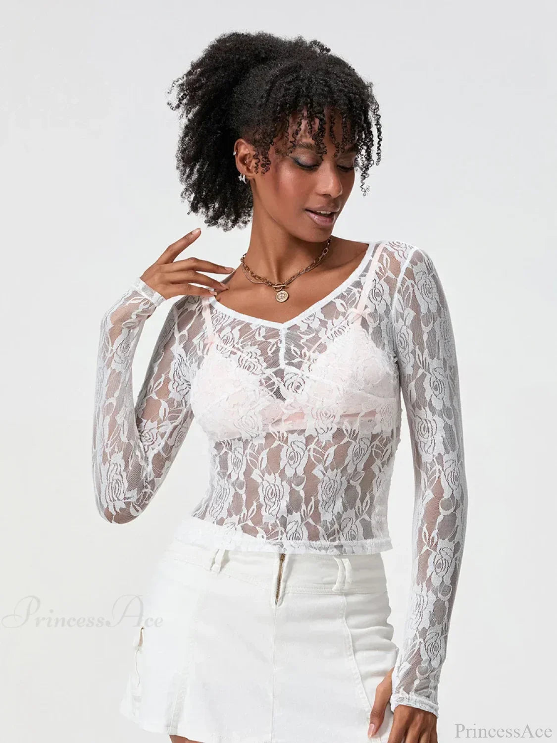 Sheer Lace Long Sleeve V-Neck Mesh Crop T-Shirt