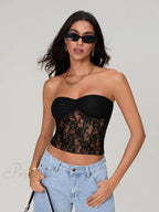 Sheer Lace Off-Shoulder Strapless Low Cut Bandeau Top