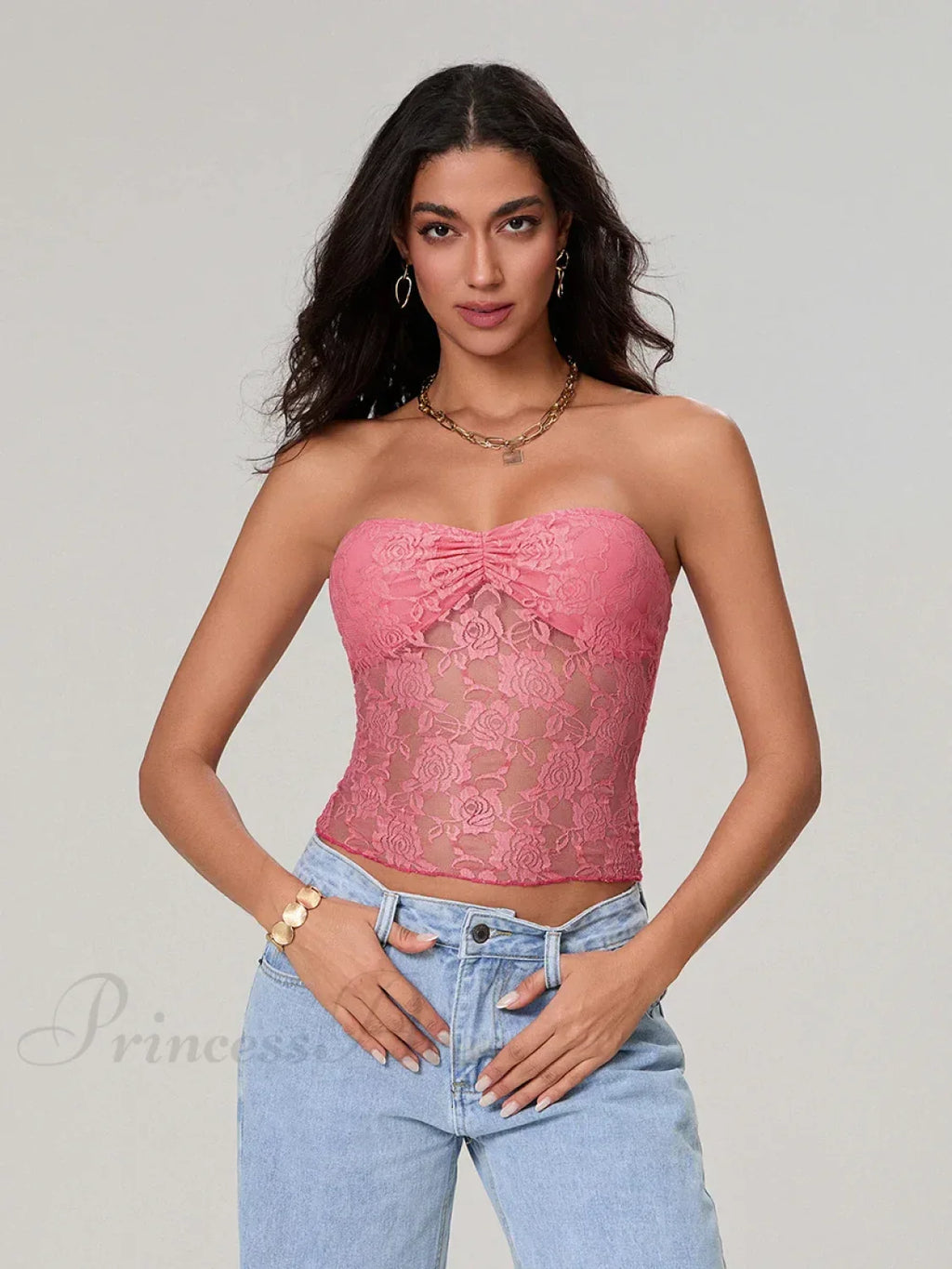 Sheer Lace Off-Shoulder Strapless Low Cut Bandeau Top