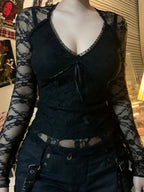 Sheer Lace V-Neck Knit Top