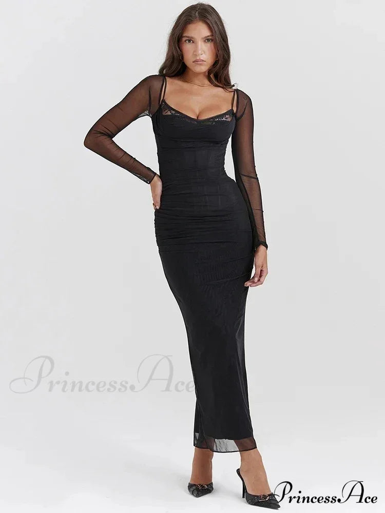 Sheer Long Sleeve Charming Bodycon Maxi Dress