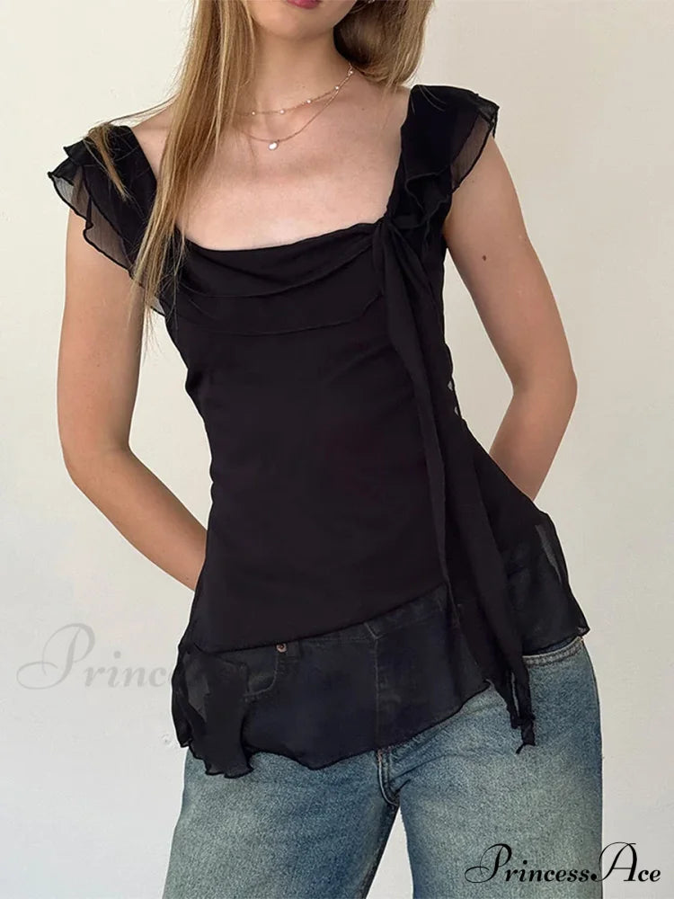 Sheer Mesh Sleeveless Backless 3D Stylish Elegant Trendy Ruffle Crop Top