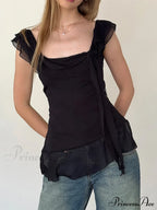Sheer Mesh Sleeveless Backless 3D Stylish Elegant Trendy Ruffle Crop Top
