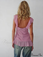 Sheer Mesh Sleeveless Backless 3D Stylish Elegant Trendy Ruffle Crop Top
