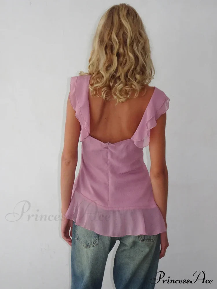 Sheer Mesh Sleeveless Backless 3D Stylish Elegant Trendy Ruffle Crop Top