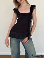 Sheer Mesh Sleeveless Backless 3D Stylish Elegant Trendy Ruffle Crop Top