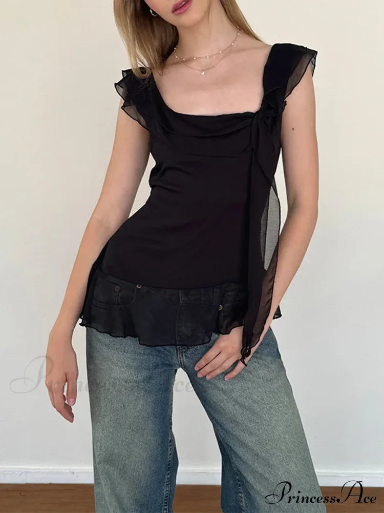 Sheer Mesh Sleeveless Backless 3D Stylish Elegant Trendy Ruffle Crop Top