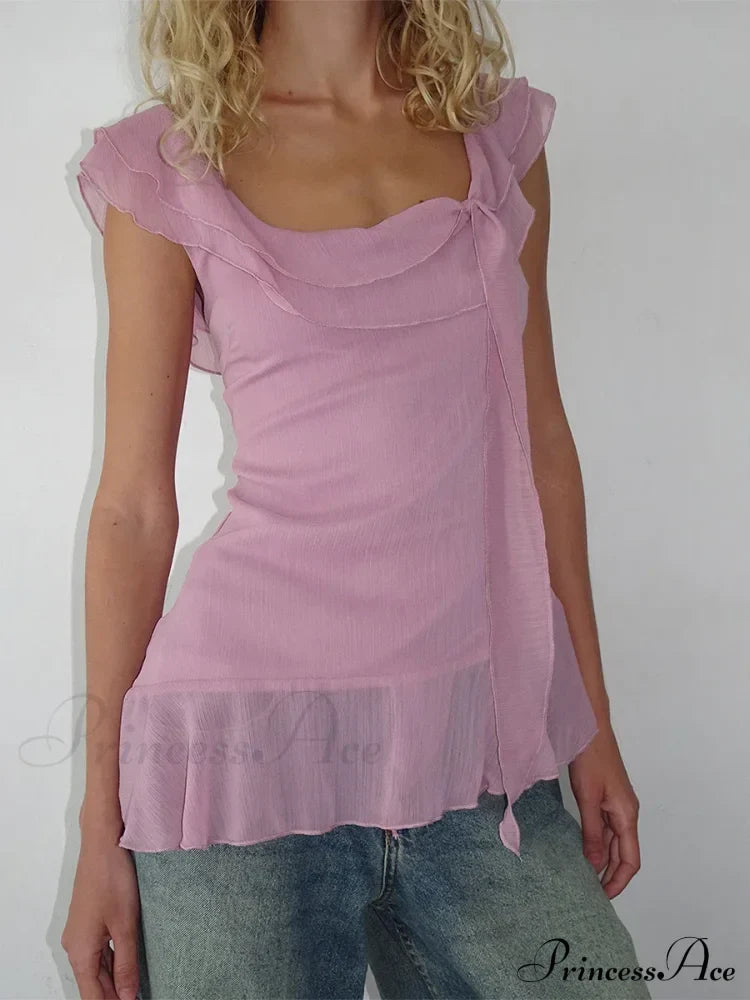 Sheer Mesh Sleeveless Backless 3D Stylish Elegant Trendy Ruffle Crop Top