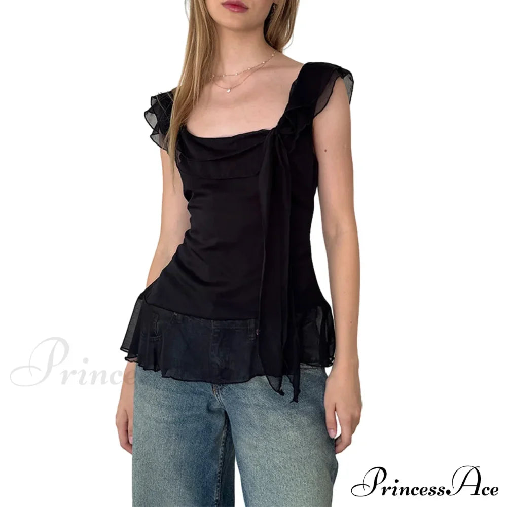 Sheer Mesh Sleeveless Backless 3D Stylish Elegant Trendy Ruffle Crop Top