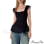 Sheer Mesh Sleeveless Backless 3D Stylish Elegant Trendy Ruffle Crop Top
