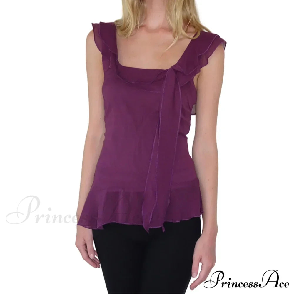 Sheer Mesh Sleeveless Backless 3D Stylish Elegant Trendy Ruffle Crop Top