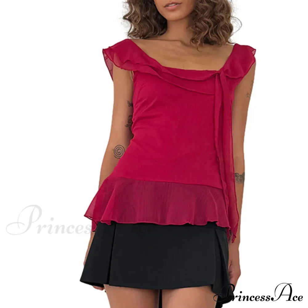 Sheer Mesh Sleeveless Backless 3D Stylish Elegant Trendy Ruffle Crop Top