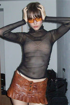 Sheer Solid Turtleneck Long Sleeve Tee
