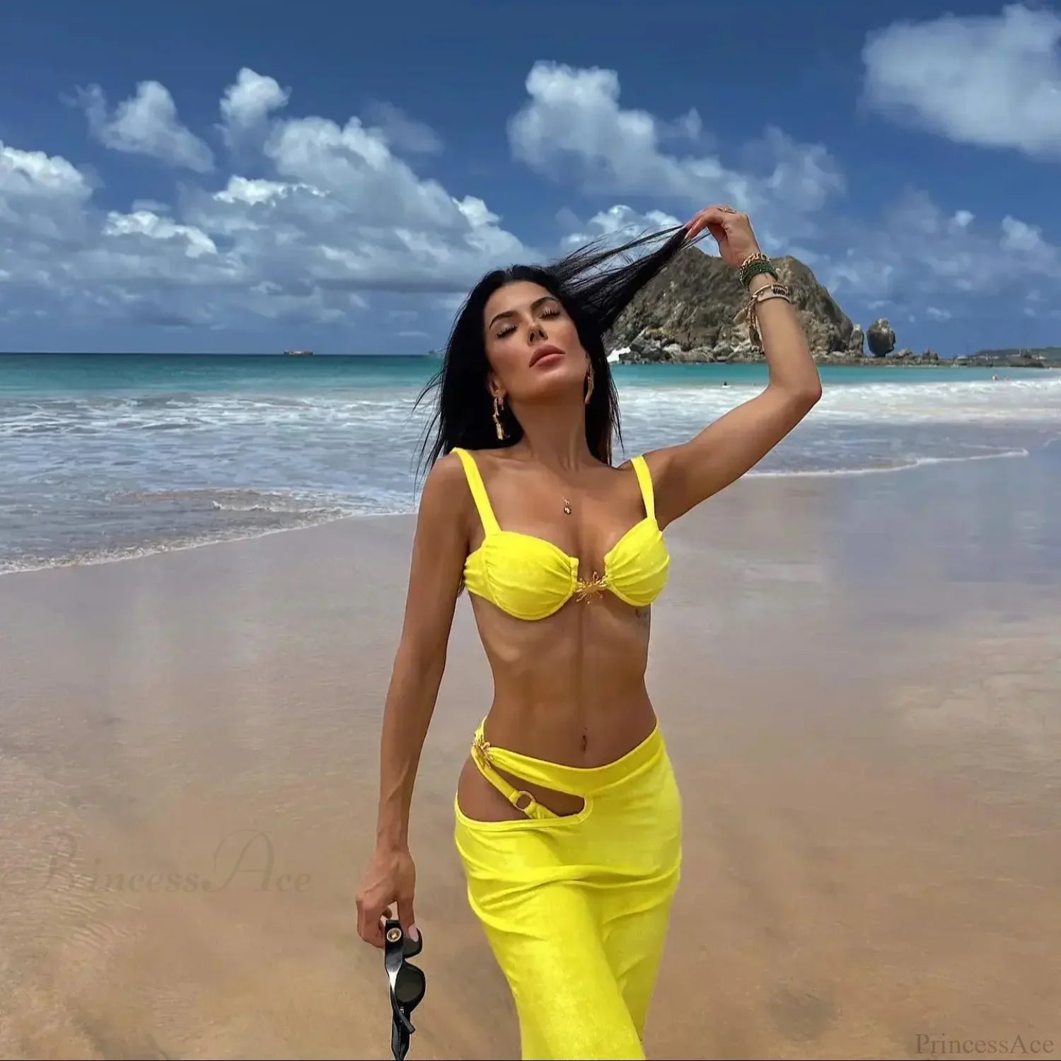Shiny Bandeau Bikini With Cover Up Three Piece Swimsuit