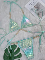 Shiny Pu Leather Wrap Around Diamond Bikini Set