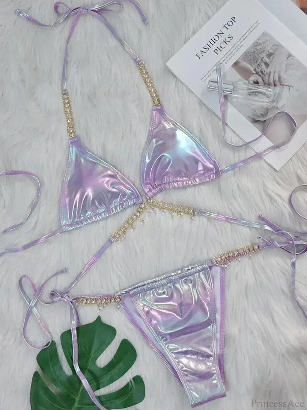 Shiny Pu Leather Wrap Around Diamond Bikini Set