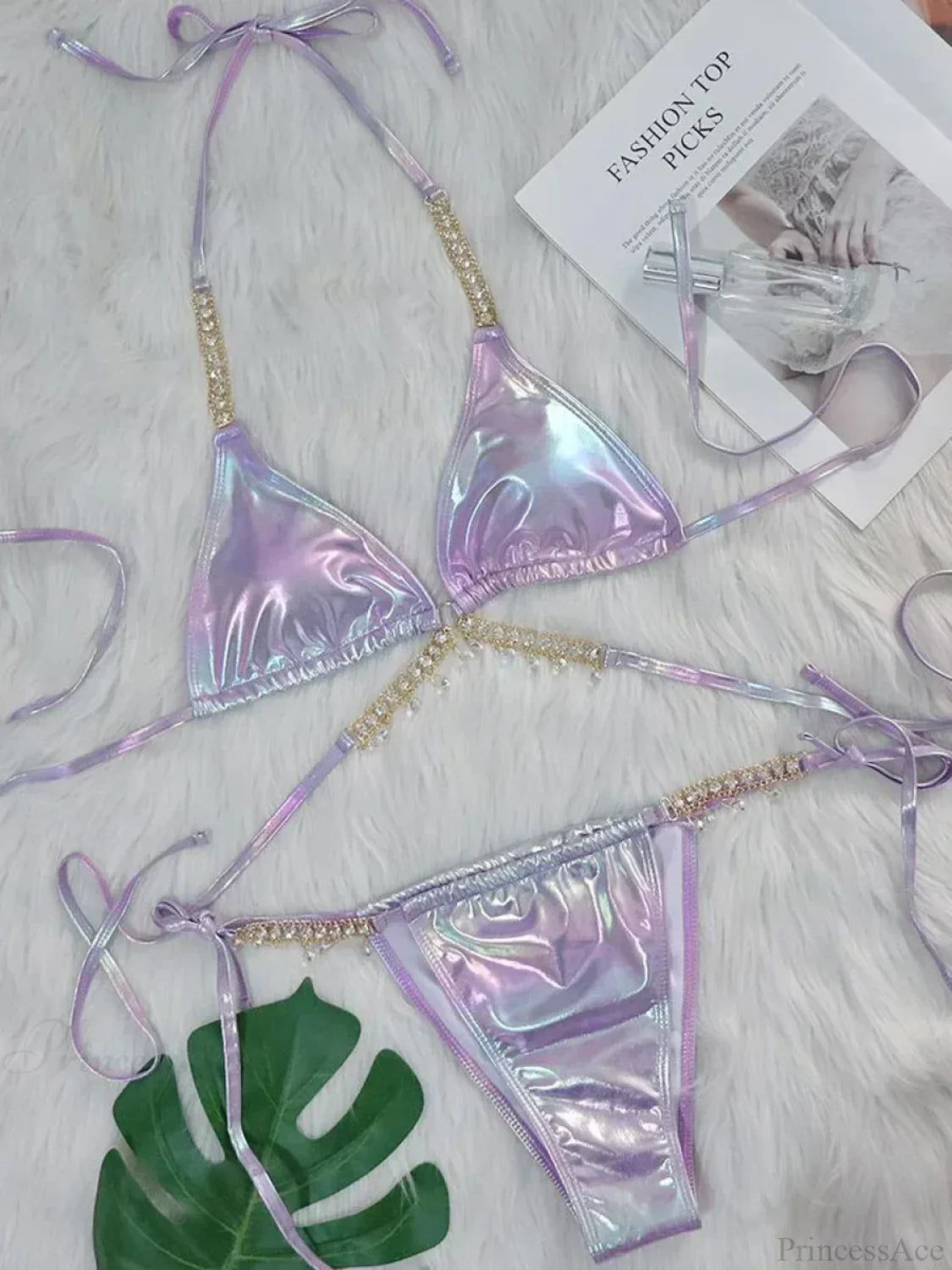 Shiny Pu Leather Wrap Around Diamond Bikini Set