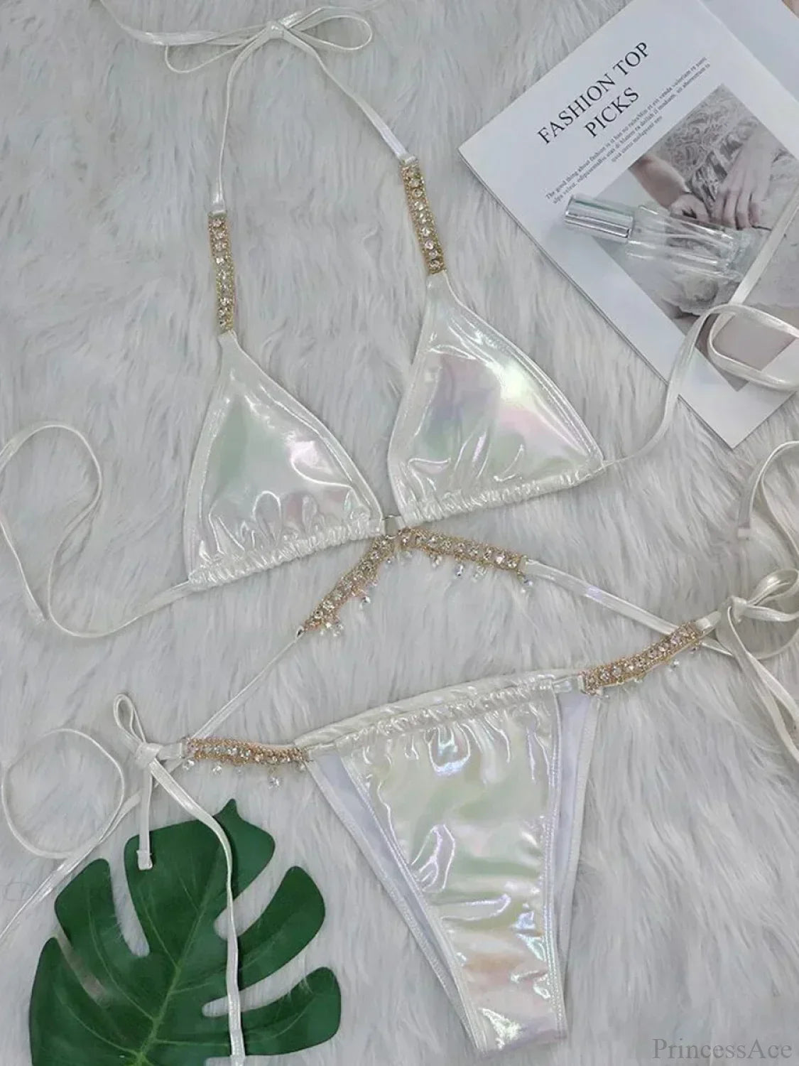 Shiny Pu Leather Wrap Around Diamond Bikini Set