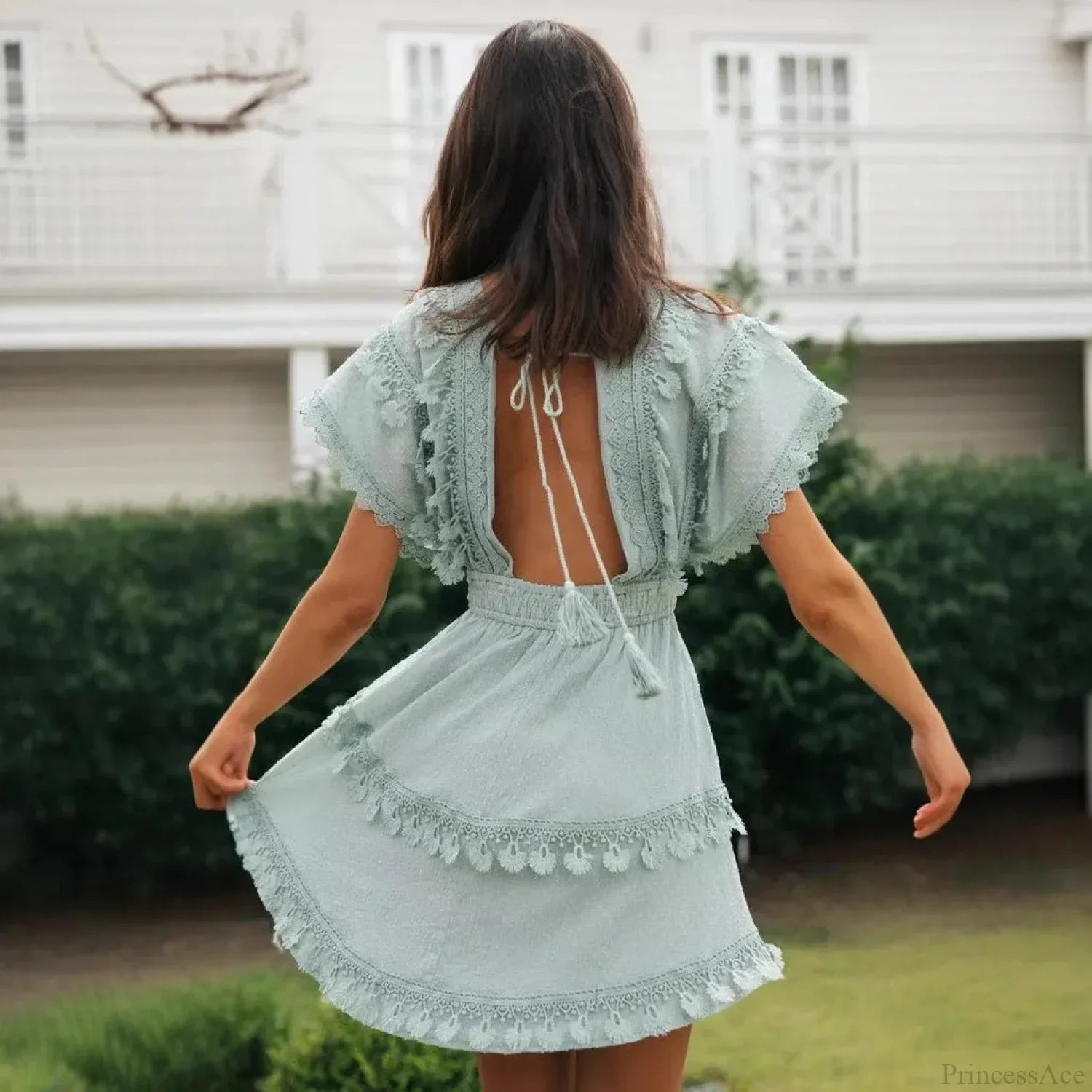 Short Batwing Sleeve Lace Backless Deep V-Neck Mini Boho Dress