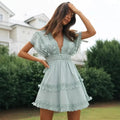 Short Batwing Sleeve Lace Backless Deep V-Neck Mini Boho Dress