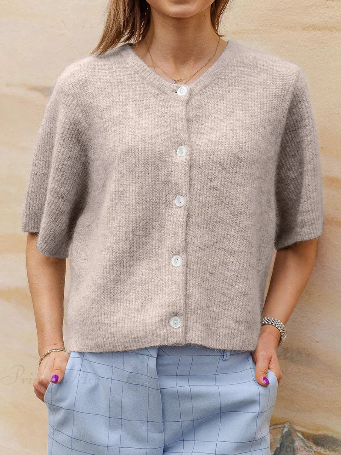 Short Sleeve Round Neck Button-Down Cardigan