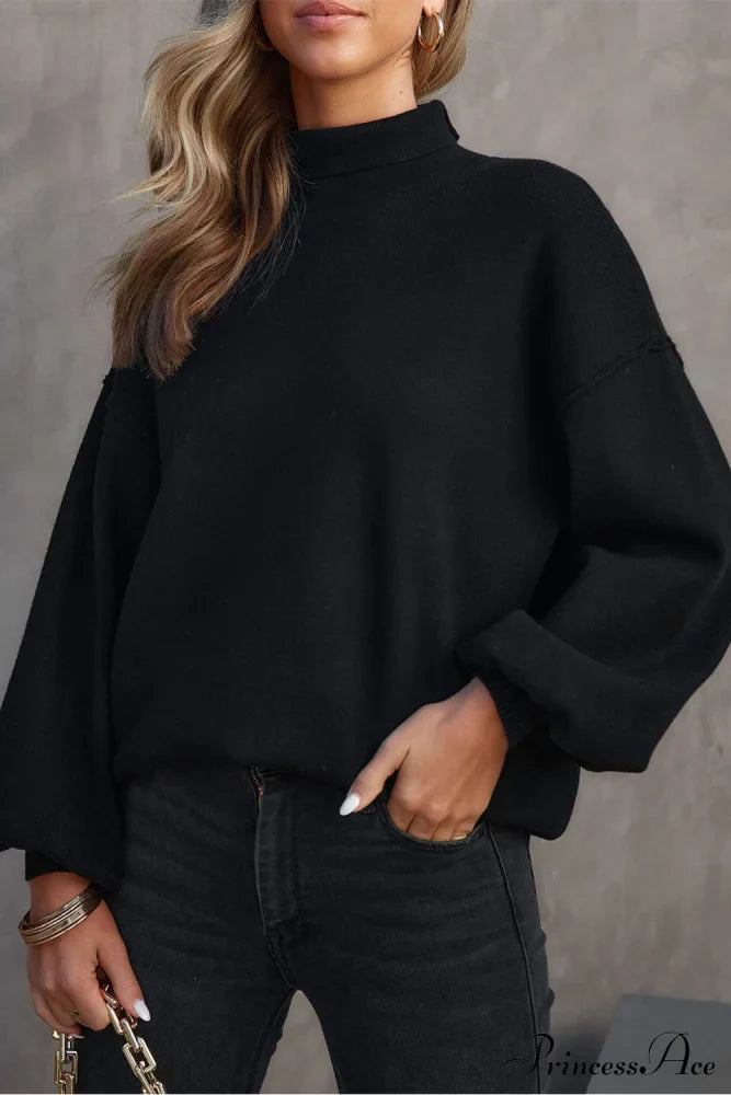 Shoulder Arm Turtleneck Knit Bubble Sweater Drop In Black