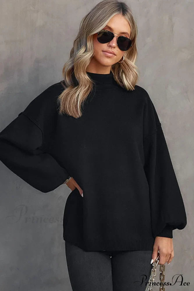 Shoulder Arm Turtleneck Knit Bubble Sweater Drop In Black