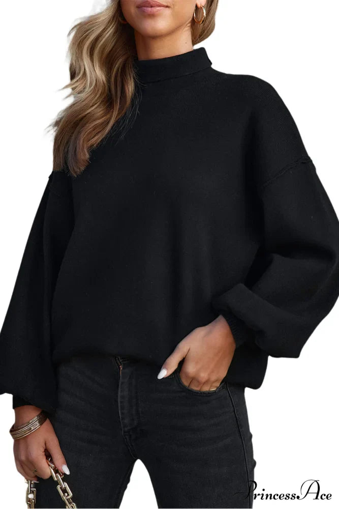 Shoulder Arm Turtleneck Knit Bubble Sweater Drop In Black