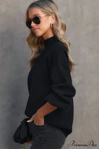 Shoulder Arm Turtleneck Knit Bubble Sweater Drop In Black