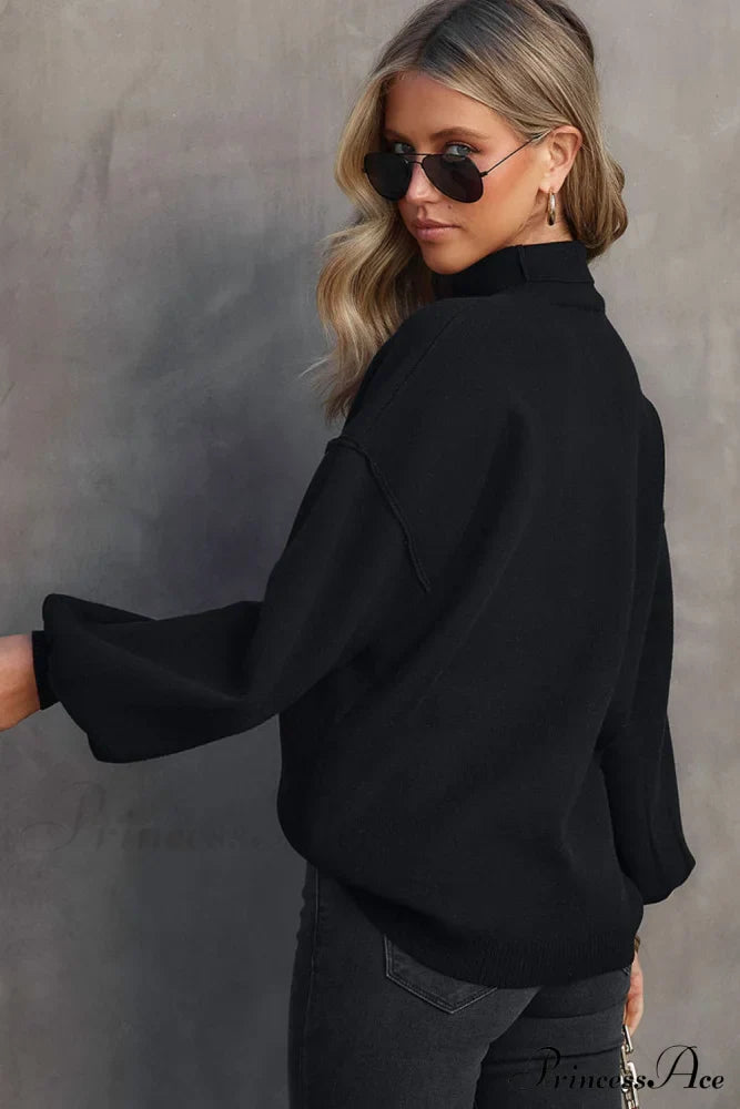 Shoulder Arm Turtleneck Knit Bubble Sweater Drop In Black