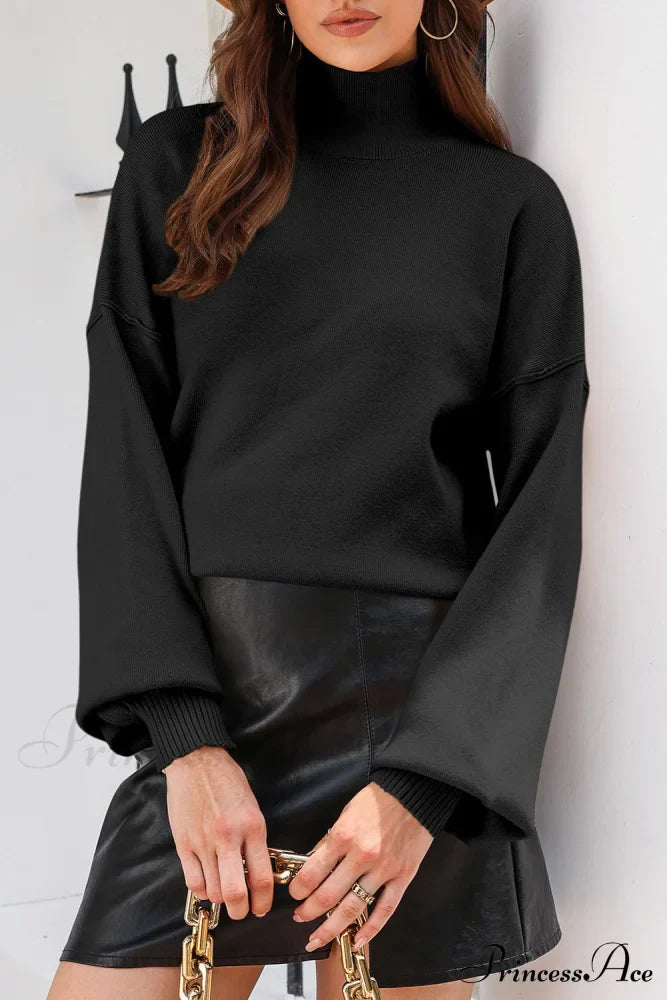 Shoulder Arm Turtleneck Knit Bubble Sweater Drop In Black