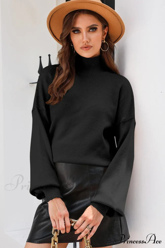 Shoulder Arm Turtleneck Knit Bubble Sweater Drop In Black