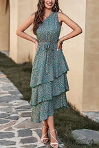 Shoulder One With Trim Gown Green Ruffle Print