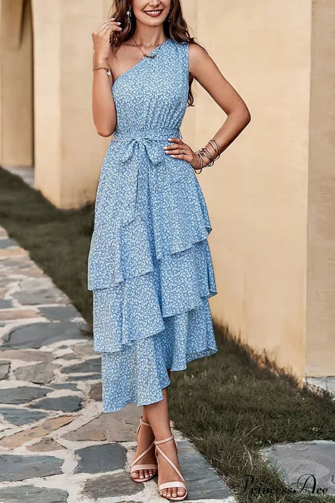 Shoulder One With Trim Gown Green Ruffle Print