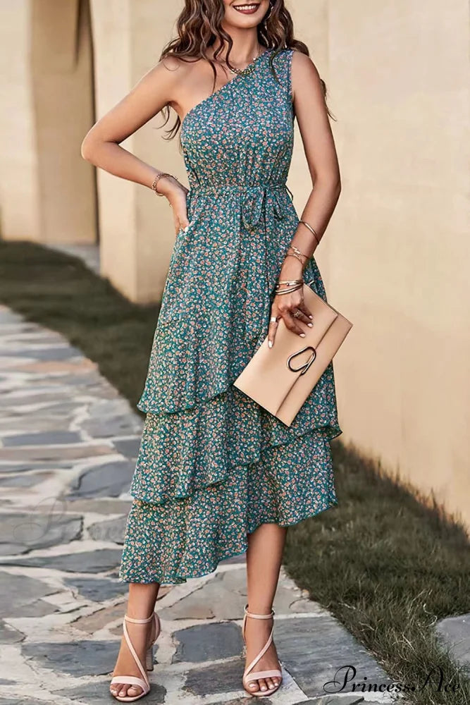 Shoulder One With Trim Gown Green Ruffle Print
