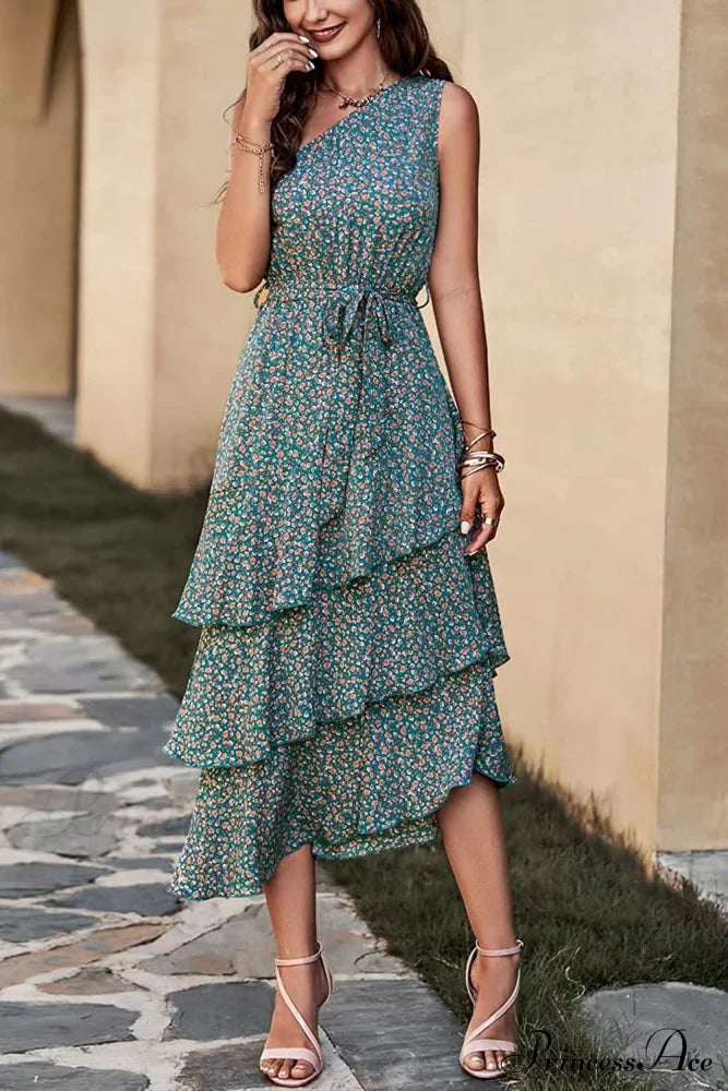 Shoulder One With Trim Gown Green Ruffle Print