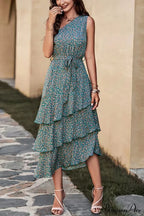 Shoulder One With Trim Gown Green Ruffle Print