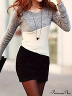 Simple Crew Neck Long Sleeve Dress With Color Block Design