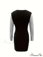 Simple Crew Neck Long Sleeve Dress With Color Block Design