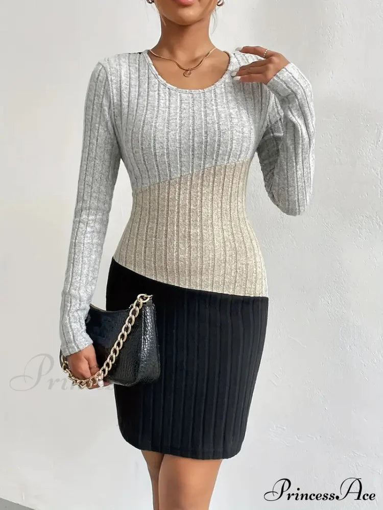 Simple Crew Neck Long Sleeve Dress With Color Block Design