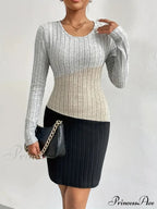Simple Crew Neck Long Sleeve Dress With Color Block Design