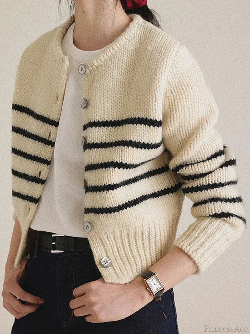 Single-Breasted Striped Knit Cardigan